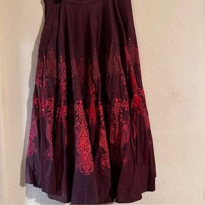 Coldwater Creek brown fraille long skirt with orange flower print and sequins.